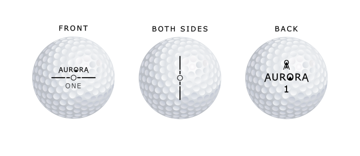 Aurora One golf ball logo placement on front, side, and back