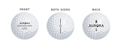 Aurora One golf ball logo placement on front, side, and back